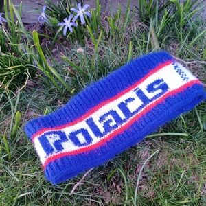 Vintage 80s unisex emo knitwear Polaris striped logo knit snowmobile headband